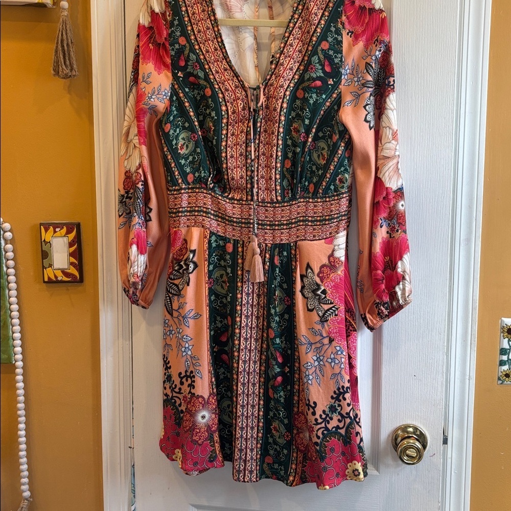 FARM RIO FOR ANTHROPOLOGY TOPANGA BOHO HIPPIE MINI MULTICOLORED FLORAL DRESS SM - Picture 2 of 14